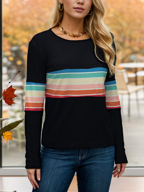 Striped Round Neck Long Sleeve T-Shirt BLUE ZONE PLANET