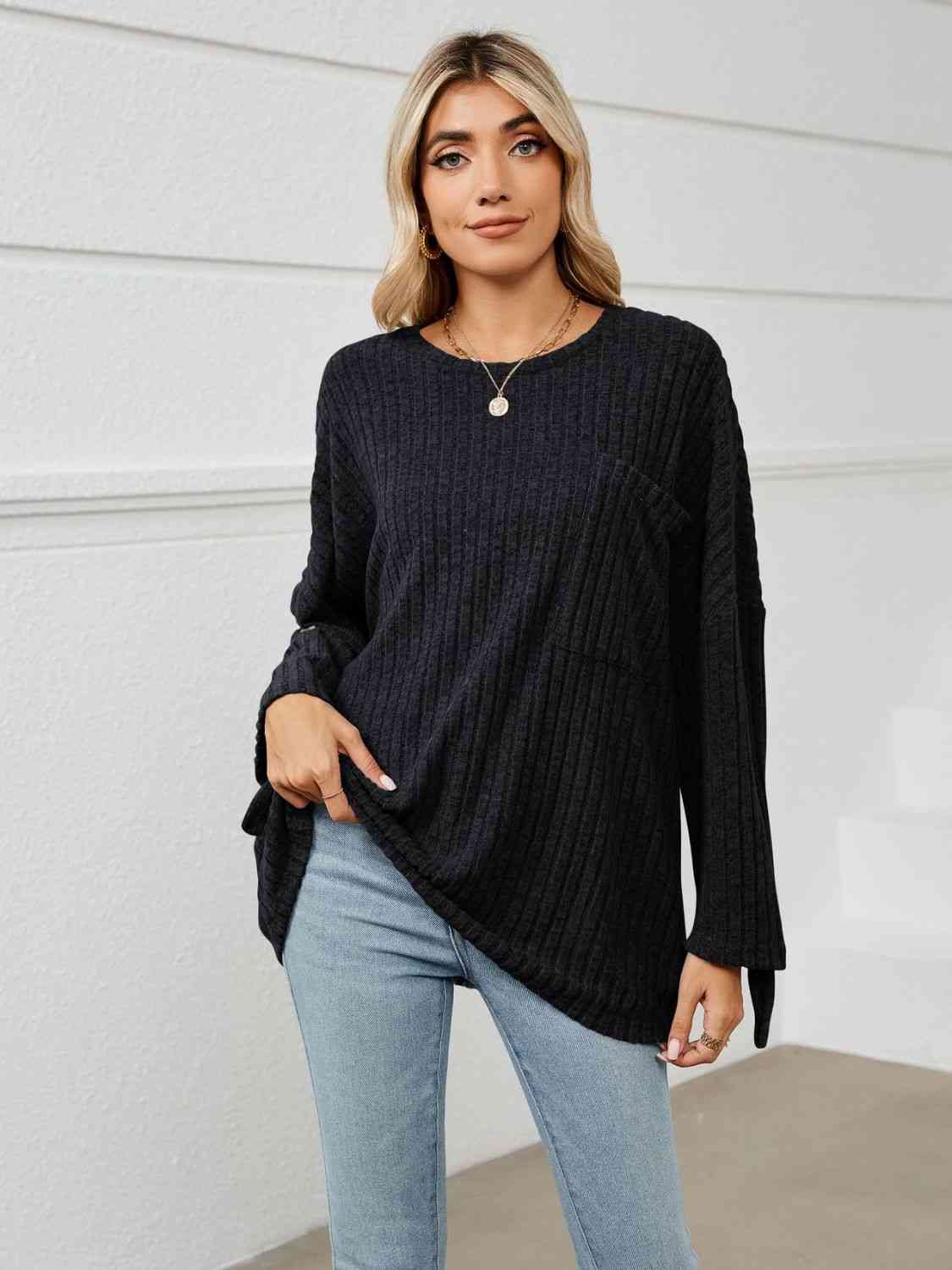 Round Neck Ribbed Long Sleeve T-Shirt BLUE ZONE PLANET