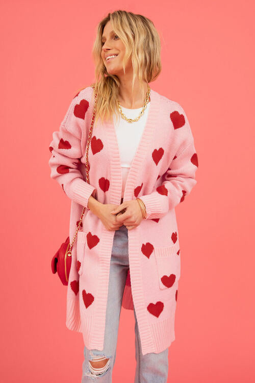 Heart Graphic Open Front Cardigan with Pockets BLUE ZONE PLANET