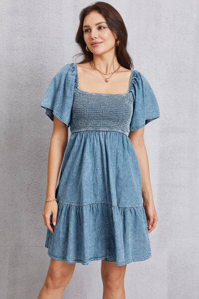 Smocked Square Neck Mini Denim Dress-TOPS / DRESSES-[Adult]-[Female]-2022 Online Blue Zone Planet