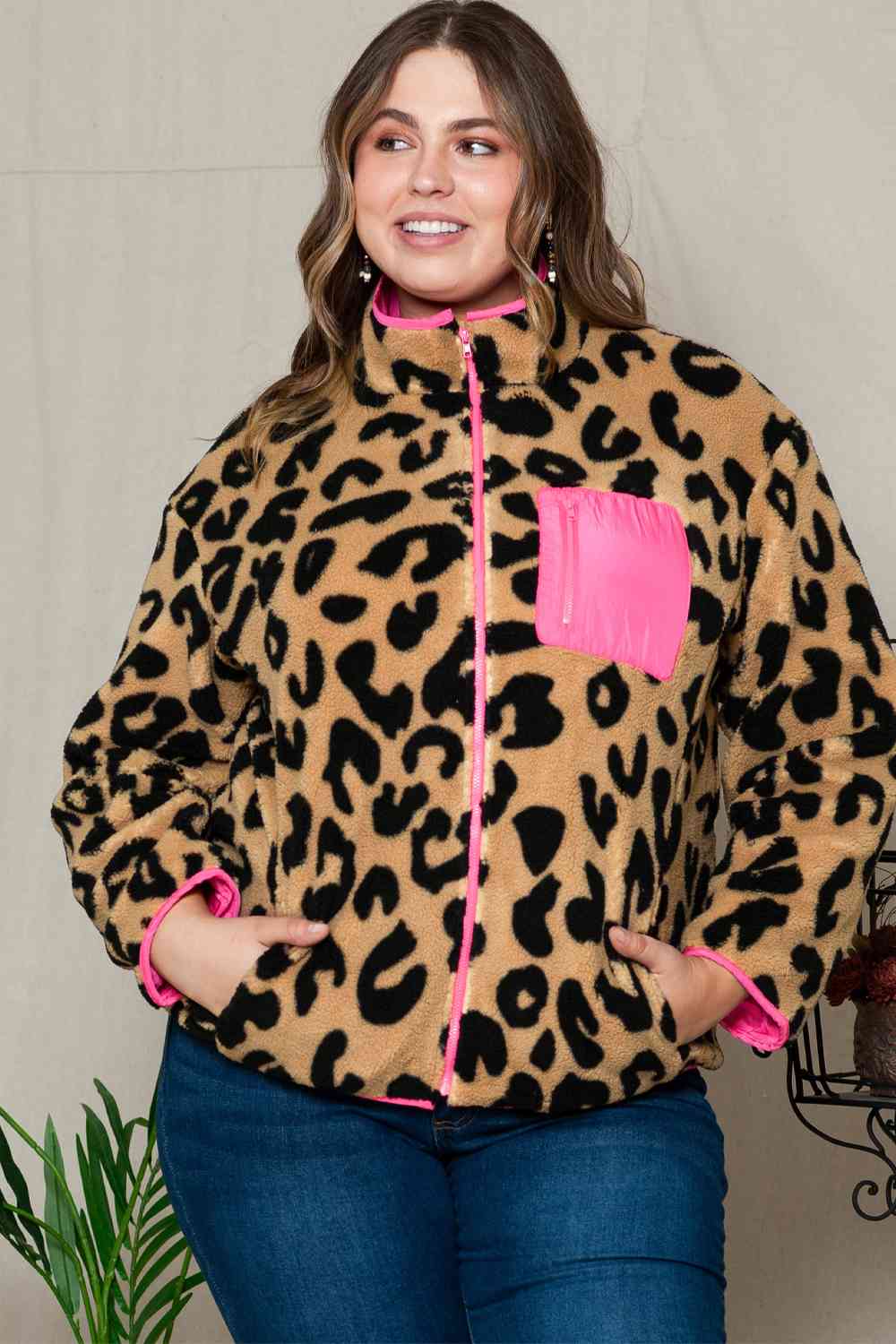 Plus Size Leopard Zip Up Jacket with Pockets BLUE ZONE PLANET