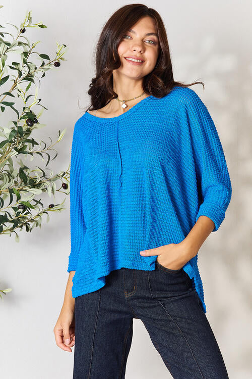 Zenana Full Size Round Neck High-Low Slit Knit Top BLUE ZONE PLANET