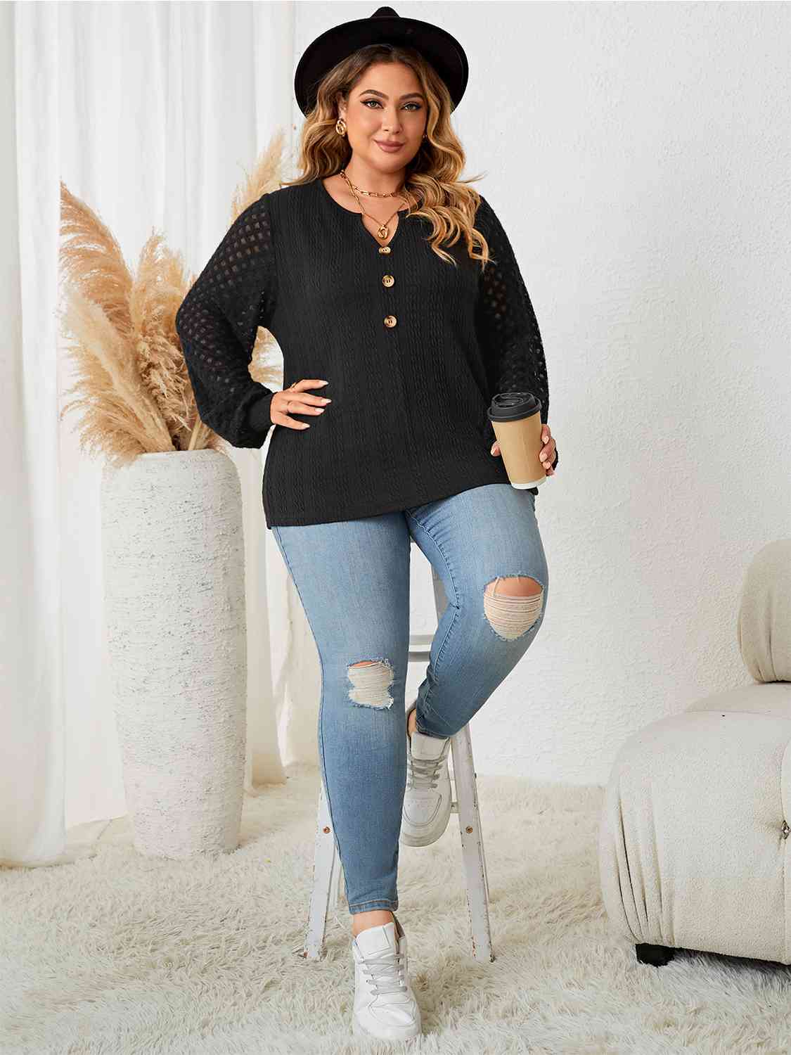 Plus Size Openwork Notched Button Front Blouse BLUE ZONE PLANET