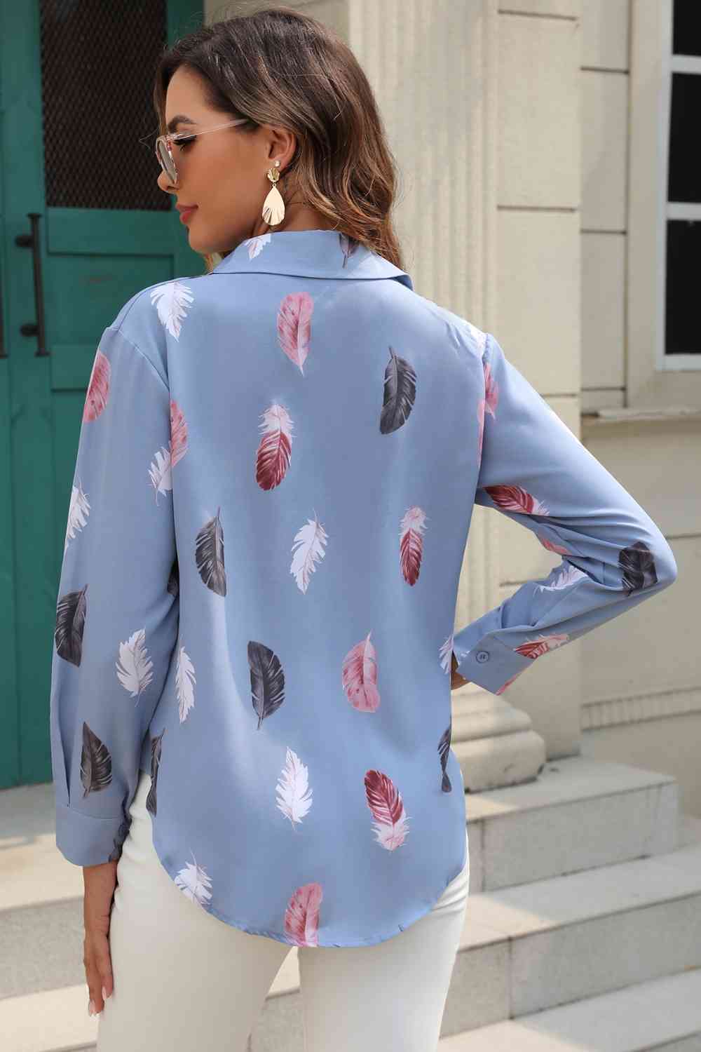 Printed Collared Neck Buttoned Shirt BLUE ZONE PLANET