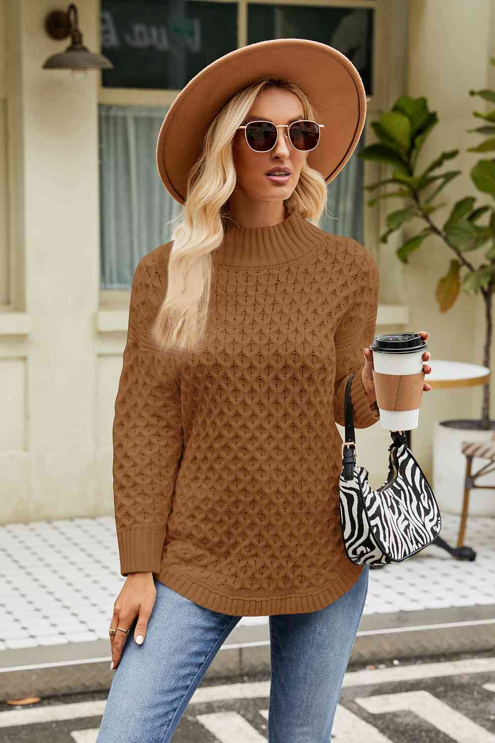 Slit Long Sleeve Mock Neck Sweater BLUE ZONE PLANET