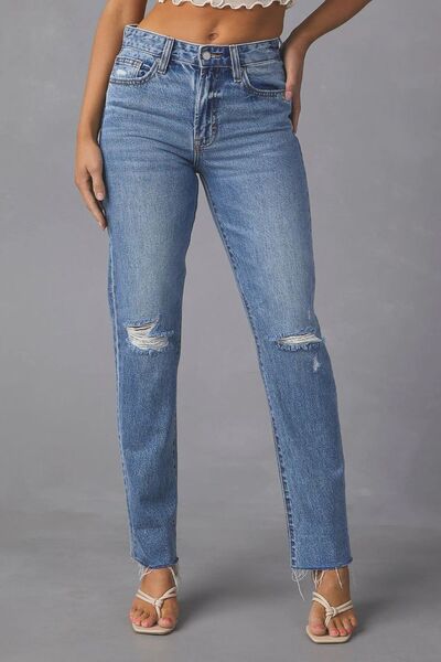 Distressed Raw Hem Straight Jeans with Pockets BLUE ZONE PLANET