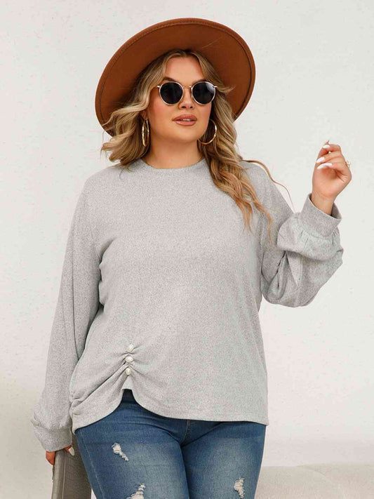 Plus Size Round Neck Ruched Long Sleeve Top BLUE ZONE PLANET