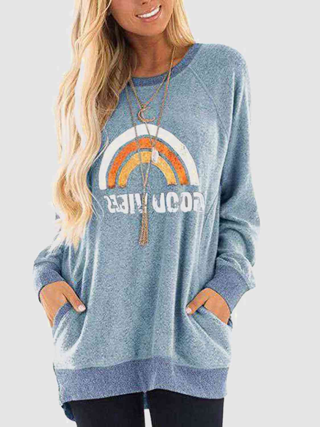 Rainbow Graphic Round Neck Sweatshirt with Pockets BLUE ZONE PLANET