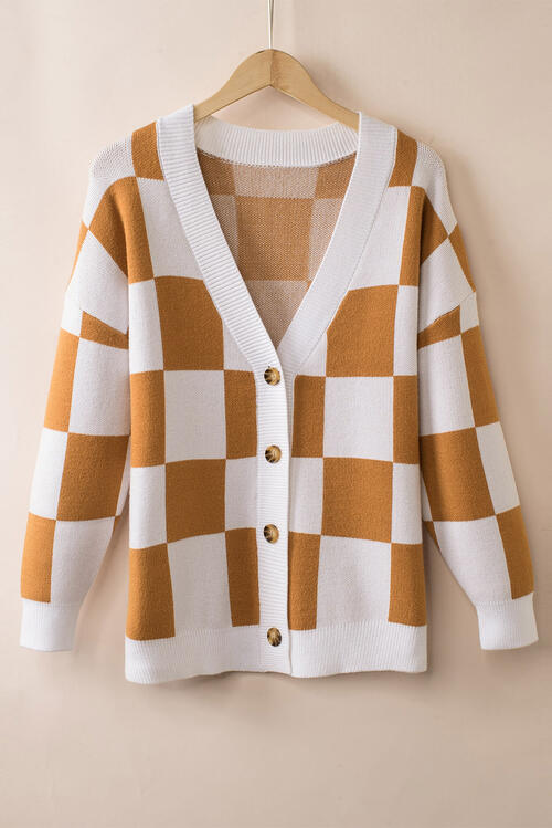 Checkered Button-Up Dropped Shoulder Cardigan BLUE ZONE PLANET