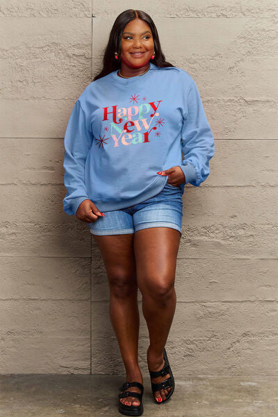 Simply Love Full Size HAPPY NEW YEAR Round Neck Sweatshirt BLUE ZONE PLANET