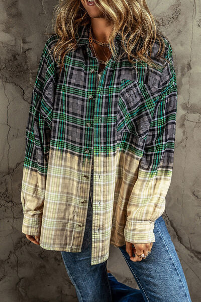 Contrast Plaid Button Up Long Sleeve Shacket BLUE ZONE PLANET