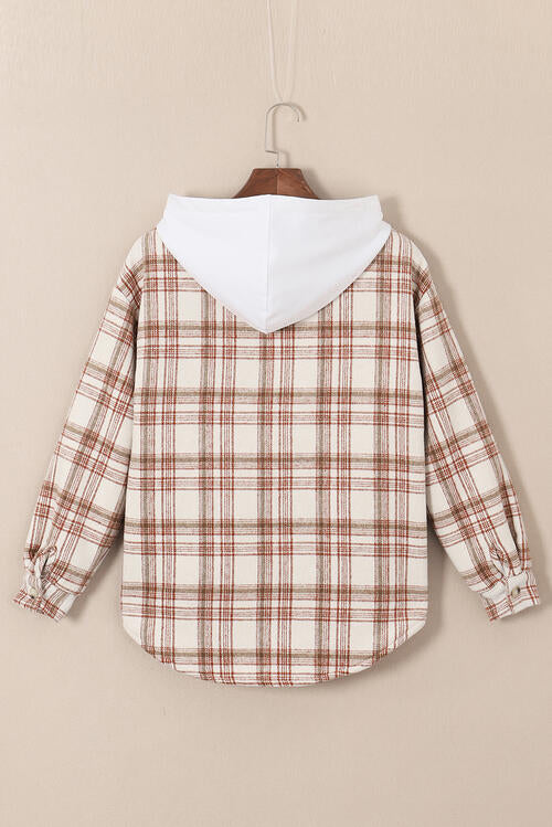 Plaid Drawstring Button Up Long Sleeve Hooded Jacket BLUE ZONE PLANET