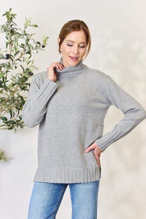 Heimish Full Size Turtleneck Long Sleeve Slit Sweater BLUE ZONE PLANET