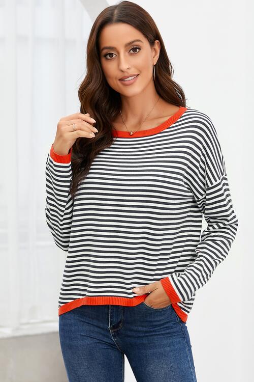 Striped Round Neck Drop Shoulder T-Shirt BLUE ZONE PLANET