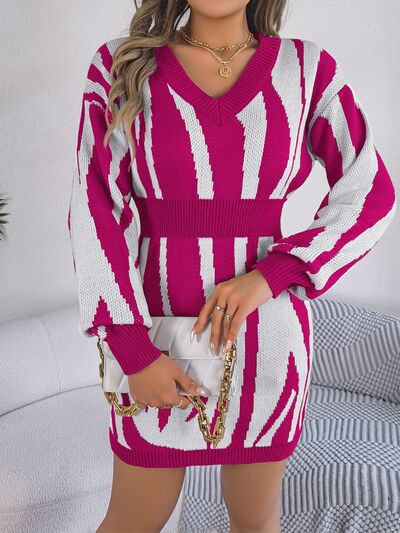 Animal Print V-Neck Long Sleeve Sweater Dress BLUE ZONE PLANET