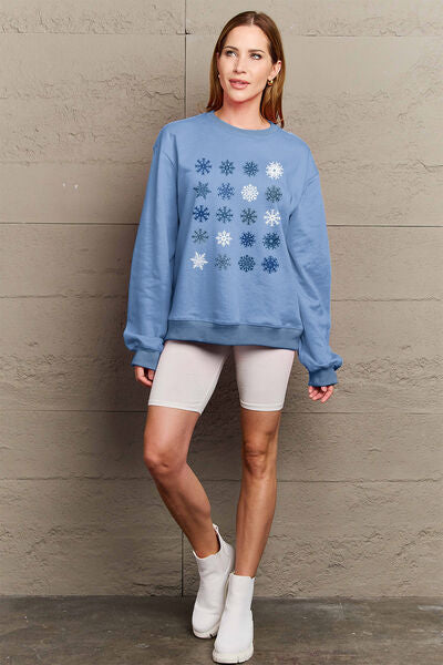 Blue Zone Planet |  Simply Love Full Size Snowflakes Round Neck Sweatshirt BLUE ZONE PLANET
