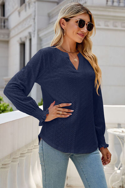 Eyelet Notched Lantern Sleeve T-Shirt Trendsi