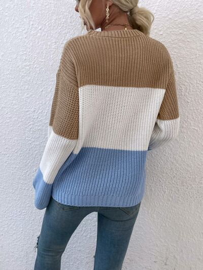 Color Block Round Neck Sweater BLUE ZONE PLANET