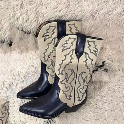 Embroidered Stitch Block Heel Cowboy Boots Trendsi