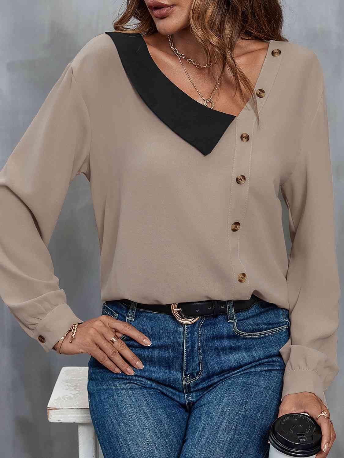 Asymmetrical Neck Buttoned Long Sleeve Top BLUE ZONE PLANET