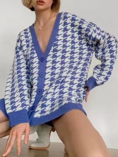 Blue Zone Planet |  Houndstooth Button Up Long Sleeve Cardigan BLUE ZONE PLANET