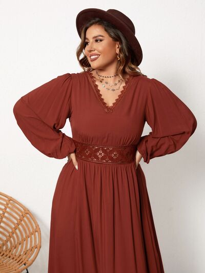 Plus Size Lace Detail V-Neck Balloon Sleeve Dress-TOPS / DRESSES-[Adult]-[Female]-2022 Online Blue Zone Planet