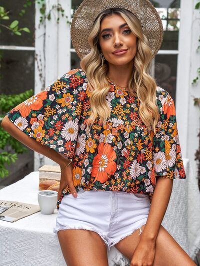 Printed Round Neck Half Sleeve Blouse Trendsi