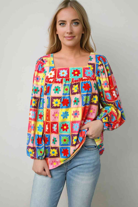 Printed Square Neck Balloon Sleeve Top BLUE ZONE PLANET
