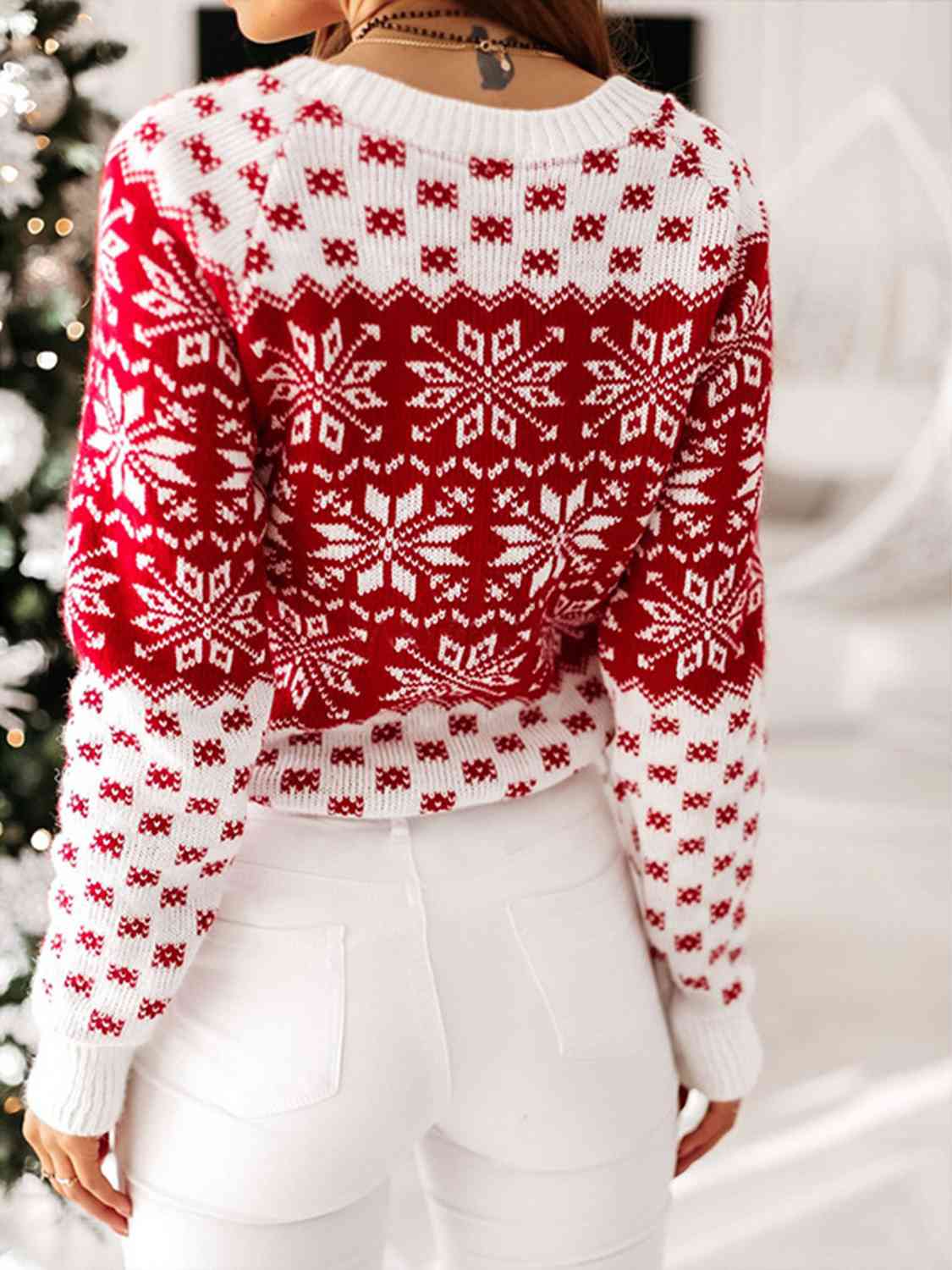 Snowflake Round Neck Long Sleeve Sweater BLUE ZONE PLANET