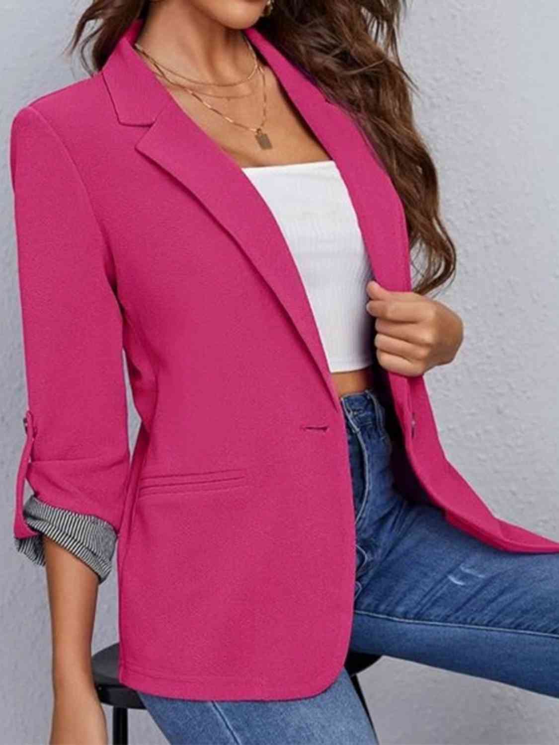 Lapel Collar Roll-Tab Sleeve Blazer BLUE ZONE PLANET