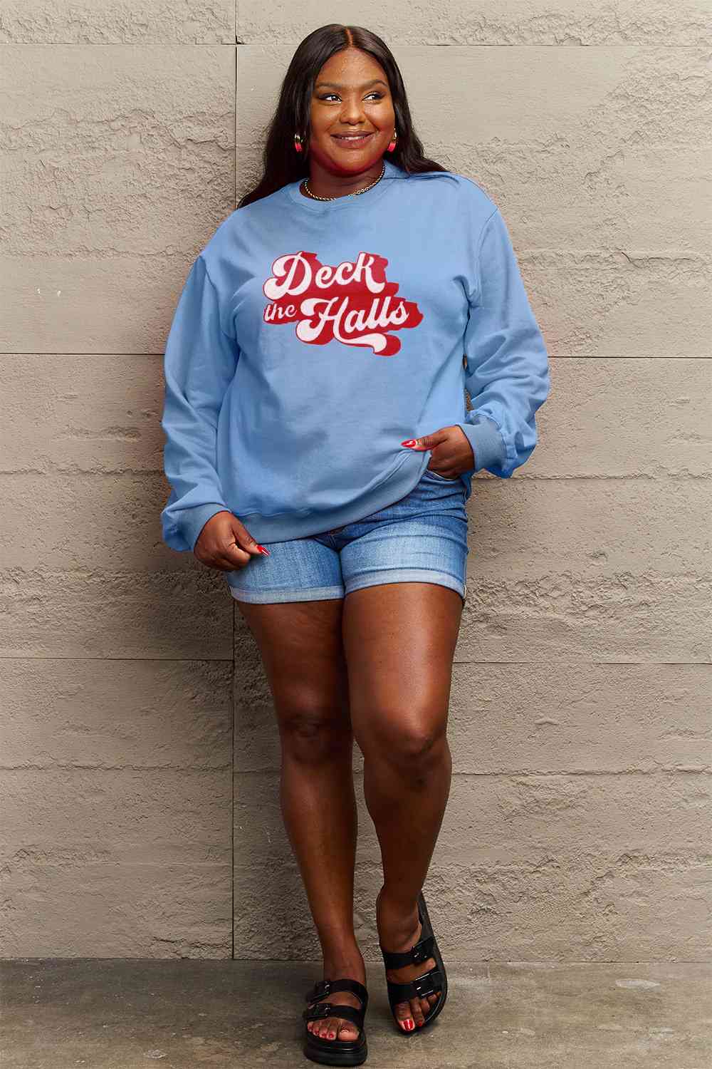 Simply Love Full Size DECK THE HALLS Graphic Sweatshirt BLUE ZONE PLANET