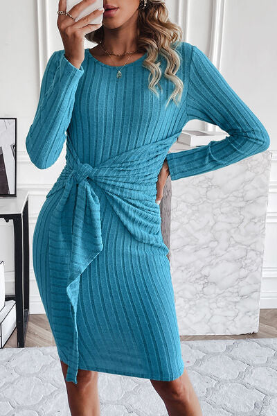 Ribbed Tied Long Sleeve Wrap Dress-TOPS / DRESSES-[Adult]-[Female]-2022 Online Blue Zone Planet