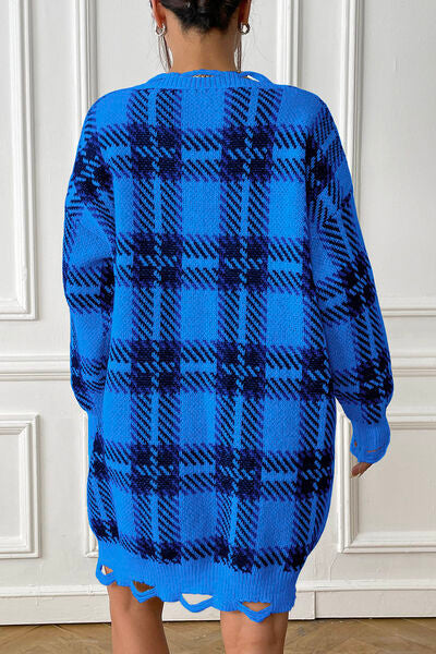 Plaid V-Neck Long Sleeve Sweater Dress BLUE ZONE PLANET