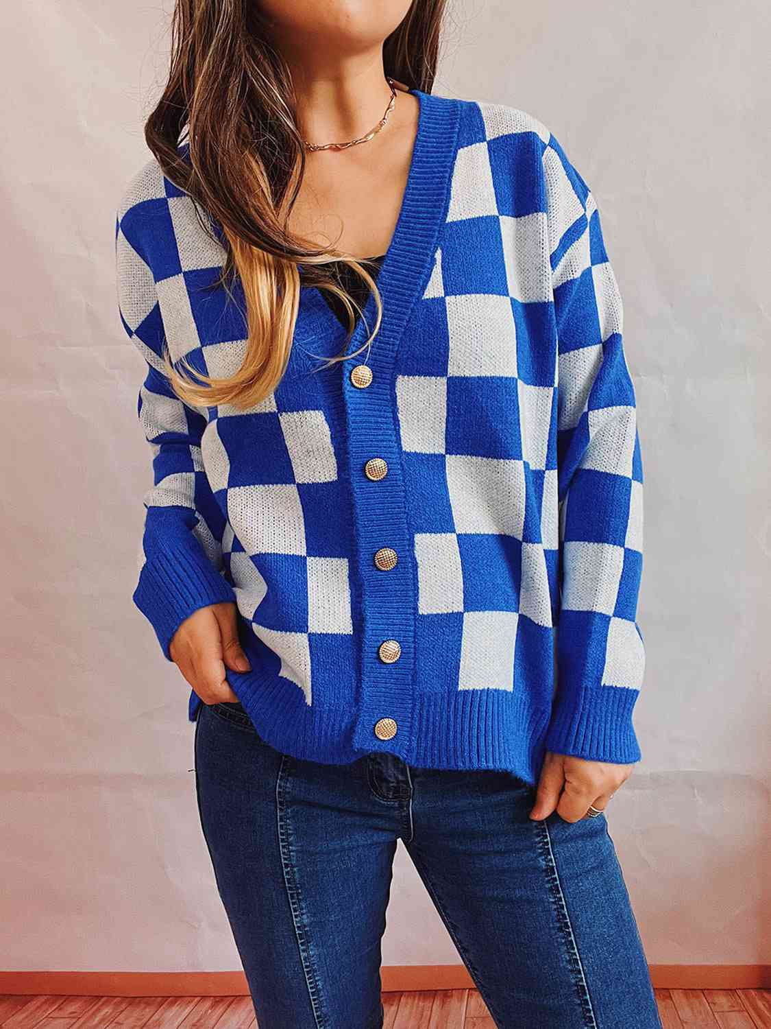 Checkered Open Front Button Up Cardigan BLUE ZONE PLANET