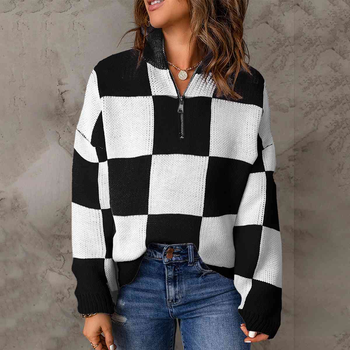 Checkered Half Zip Long Sleeve Sweater BLUE ZONE PLANET
