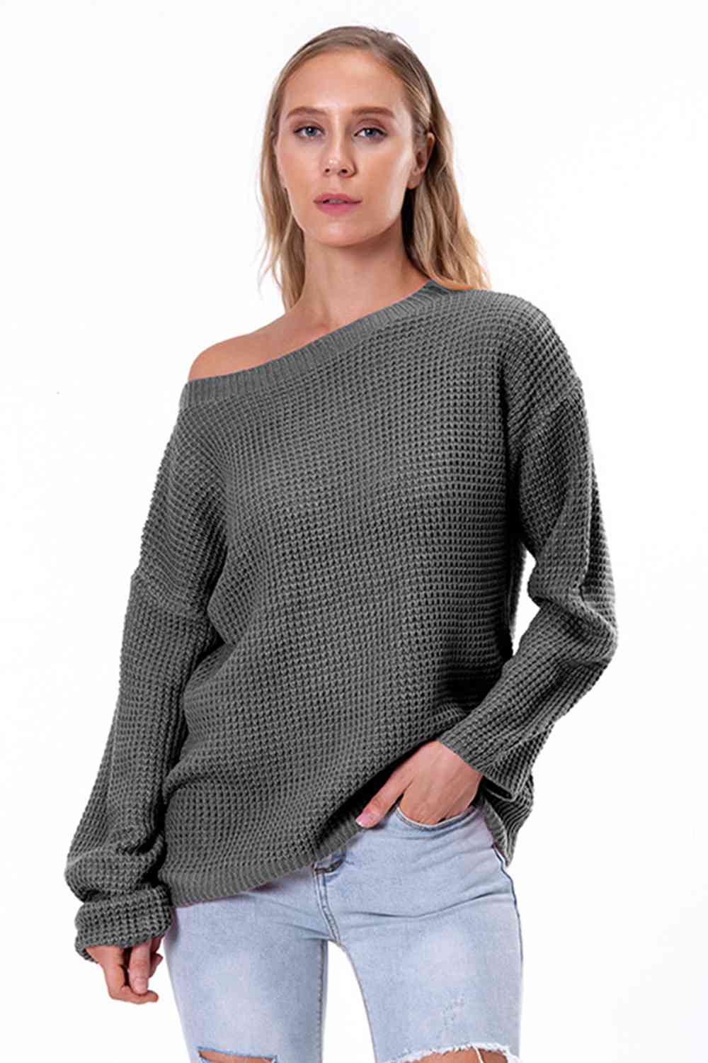 Boat Neck Drop Shoulder Long Sleeve Sweater BLUE ZONE PLANET