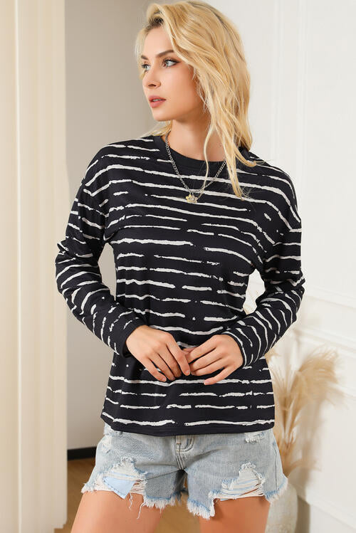 Striped Round Neck Long Sleeve T-Shirt BLUE ZONE PLANET