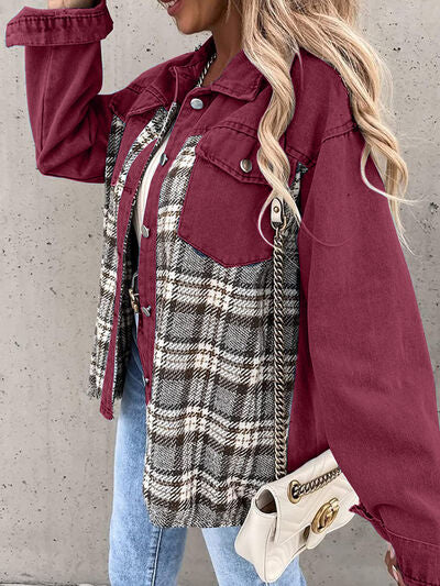 Plaid Button Up Dropped Shoulder Jacket BLUE ZONE PLANET