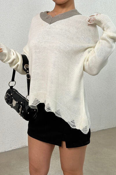 Distressed V-Neck Dropped Shoulder Sweater Trendsi