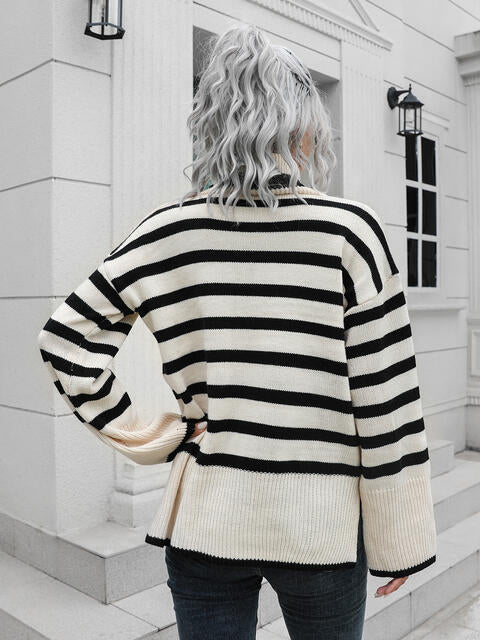 Striped Slit Turtleneck Drop Shoulder Sweater BLUE ZONE PLANET