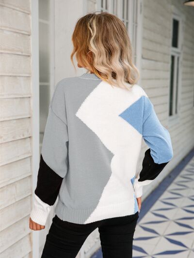 Color Block Round Neck Dropped Shoulder Sweater BLUE ZONE PLANET