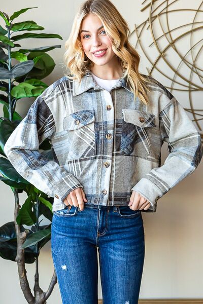 Reborn J Plaid Button Up Long Sleeve Shacket BLUE ZONE PLANET