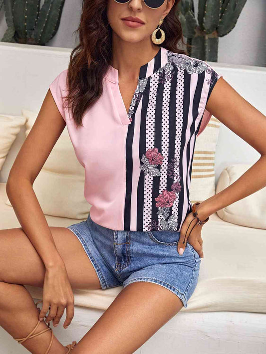 Striped Notched Sleeveless Top BLUE ZONE PLANET