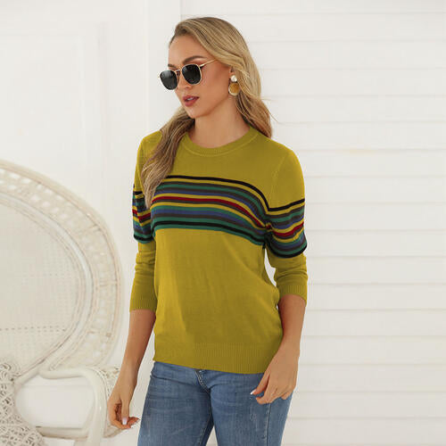 Striped Round Neck Long Sleeve Sweater BLUE ZONE PLANET