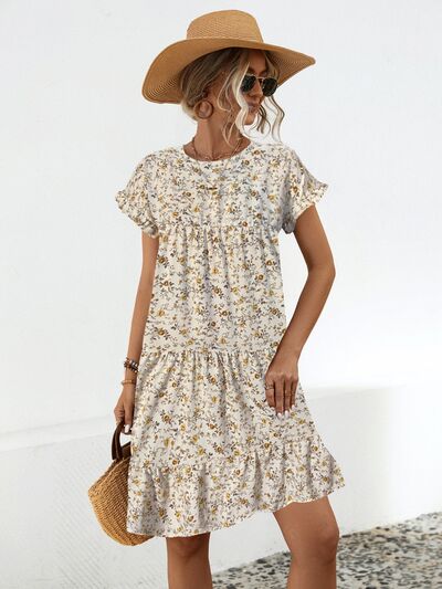 Blue Zone Planet |  Frill Floral Round Neck Short Sleeve Tiered Dress BLUE ZONE PLANET