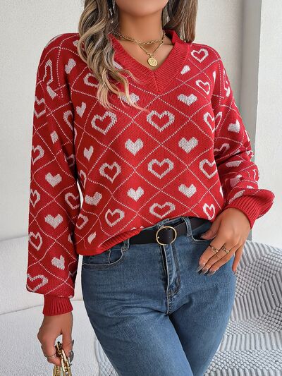 Heart Pattern V-Neck Long Sleeve Sweater BLUE ZONE PLANET