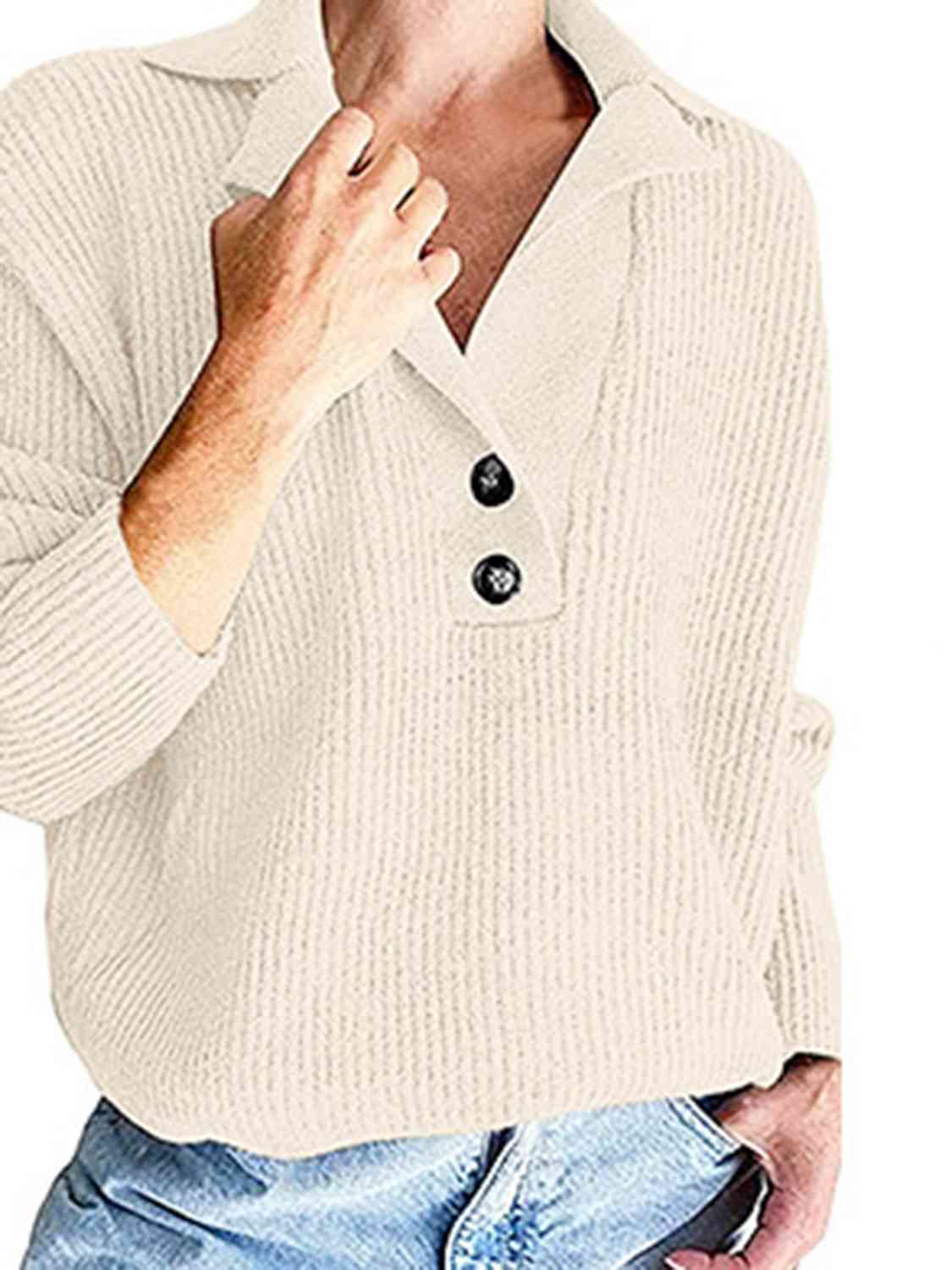 Collared Neck Half Button Knit Top BLUE ZONE PLANET