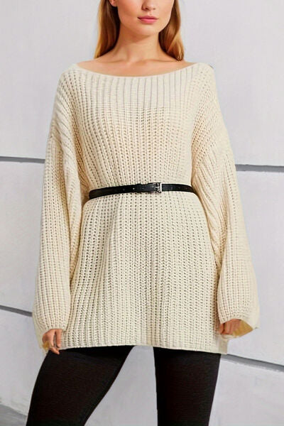 Boat Neck Dropped Shoulder Mini Sweater Dress-TOPS / DRESSES-[Adult]-[Female]-Cream-One Size-2022 Online Blue Zone Planet