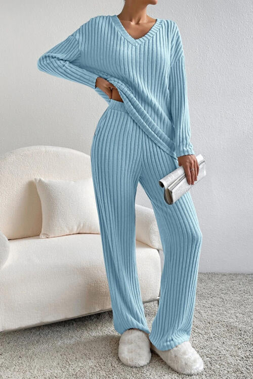 Ribbed V-Neck Top and Pants Set BLUE ZONE PLANET