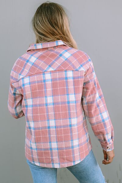 Plaid Pocketed Collared Neck Button Up Jacket BLUE ZONE PLANET